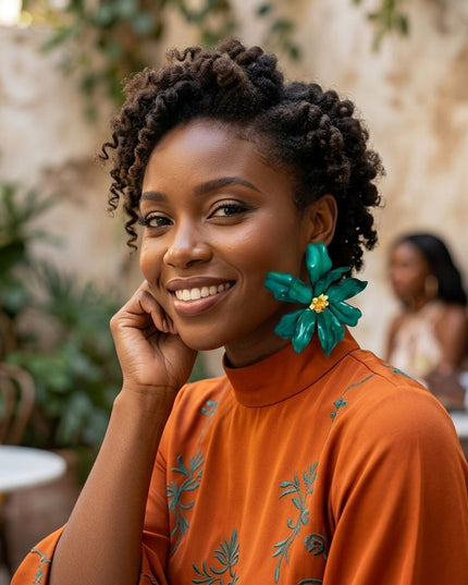 Stud Green Flower Oversized Wavy Petal Earrings