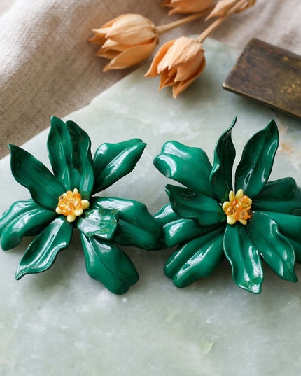 Stud Green Flower Oversized Wavy Petal Earrings