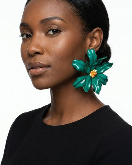 Stud Green Flower Oversized Wavy Petal Earrings