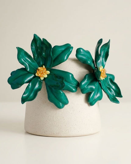 Stud Green Flower Oversized Wavy Petal Earrings