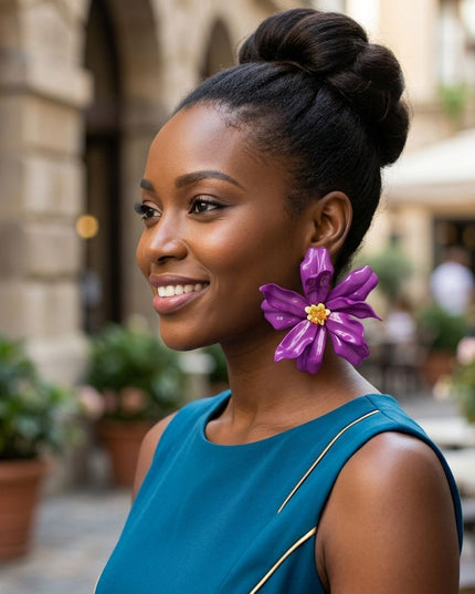 Stud Purple Flower Oversized Wavy Petal Earrings