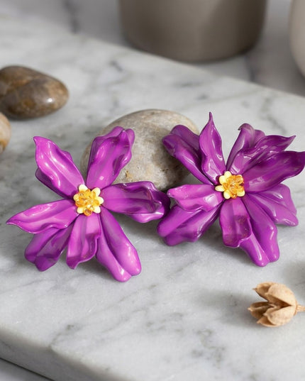 Stud Purple Flower Oversized Wavy Petal Earrings