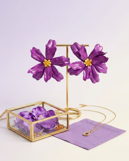 Stud Purple Flower Oversized Wavy Petal Earrings