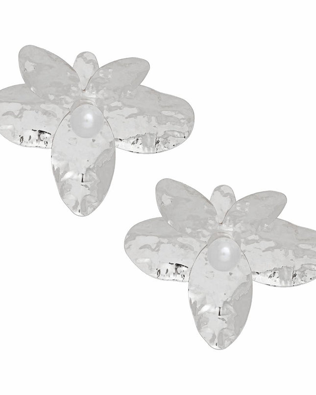 Stud Large Sculpted Petal Silver Flower Earrings