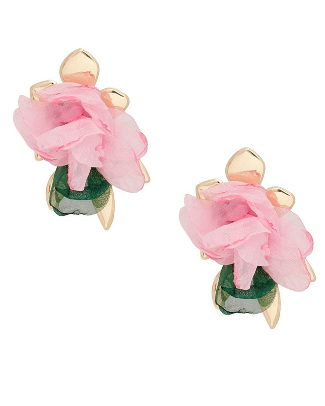 AKA Stud Gold Pink Green Fabric Flower Earrings