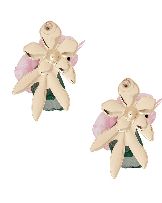 AKA Stud Gold Pink Green Fabric Flower Earrings