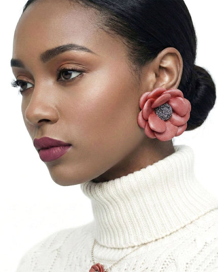 Stud Mauve Faux Leather Petal Flower Earrings