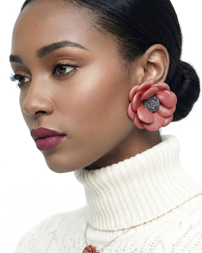 Stud Mauve Faux Leather Petal Flower Earrings