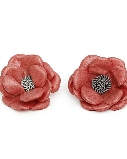 Stud Mauve Faux Leather Petal Flower Earrings