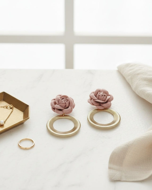 Drop Pale Pink Rose Felt Petal Ribbed Ring Earrings