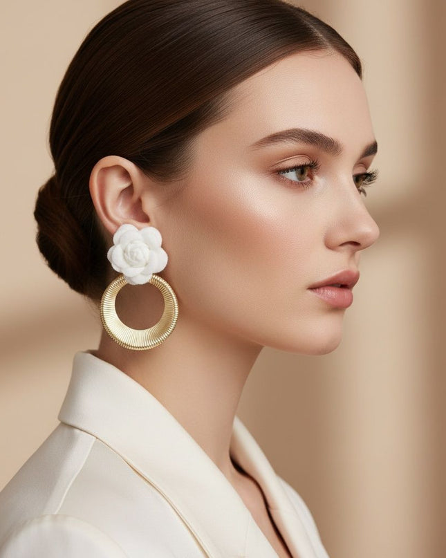 Drop White Rose Felt Petal Ribbed Ring Earrings