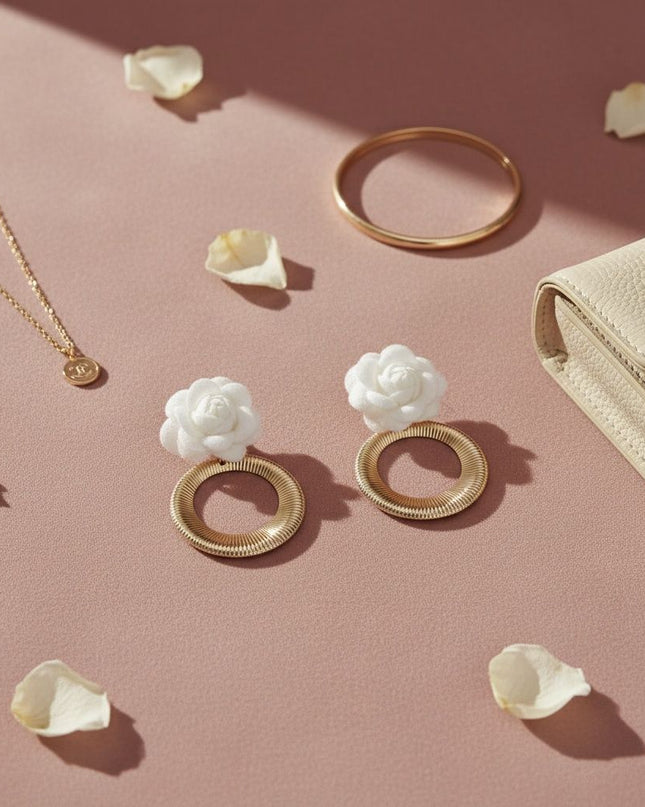 Drop White Rose Felt Petal Ribbed Ring Earrings
