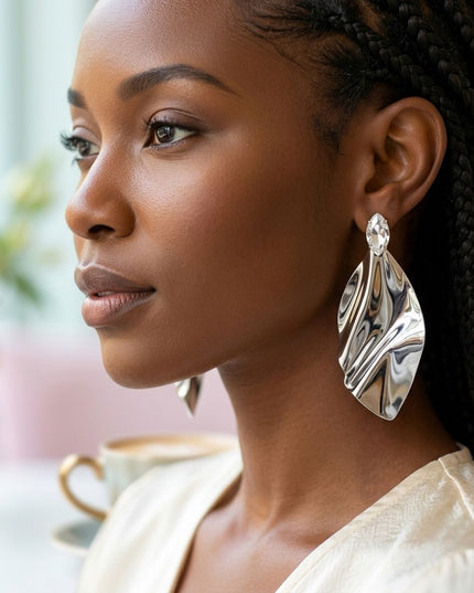 Silver Bent Metal Marquise Crystal Drop Earrings