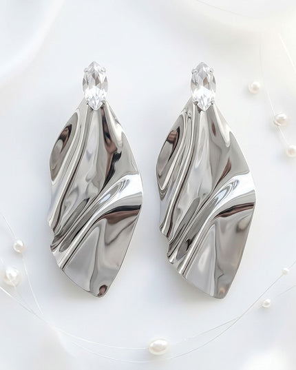 Silver Bent Metal Marquise Crystal Drop Earrings