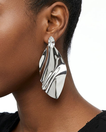 Silver Bent Metal Marquise Crystal Drop Earrings