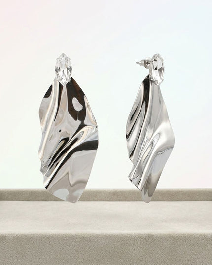Silver Bent Metal Marquise Crystal Drop Earrings
