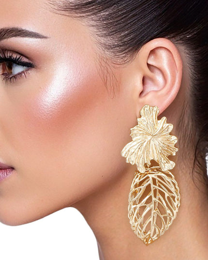 Drop Architectural Gold 3D Caged Leaf Earrings