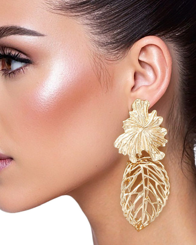 Drop Architectural Gold 3D Caged Leaf Earrings
