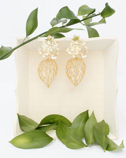 Drop Architectural Gold 3D Caged Leaf Earrings
