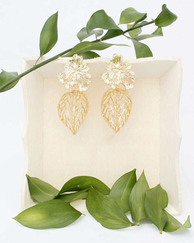 Drop Architectural Gold 3D Caged Leaf Earrings