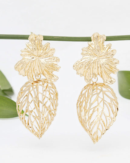 Drop Architectural Gold 3D Caged Leaf Earrings