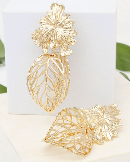 Drop Architectural Gold 3D Caged Leaf Earrings
