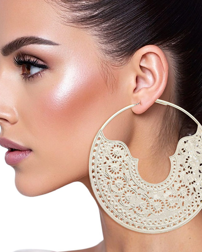 Hoop Intricate Filigree Large Boho Gold Earrings