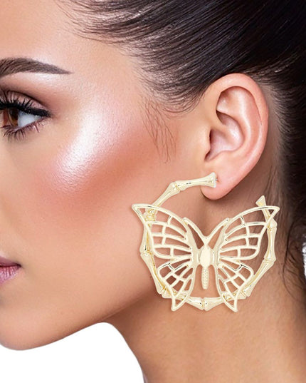 Hoop Dimensional Butterfly Gold Bamboo Earrings