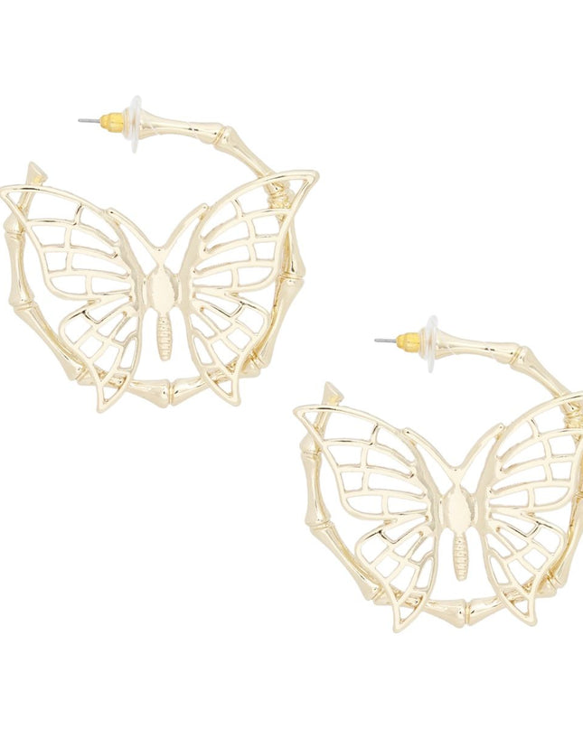 Hoop Dimensional Butterfly Gold Bamboo Earrings