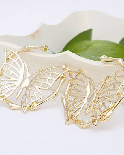 Hoop Dimensional Butterfly Gold Bamboo Earrings