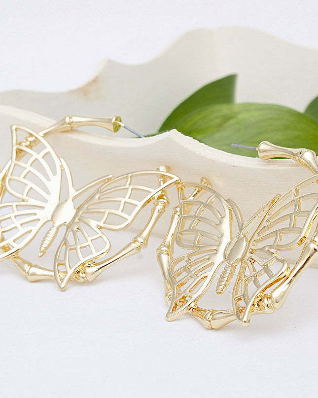 Hoop Dimensional Butterfly Gold Bamboo Earrings