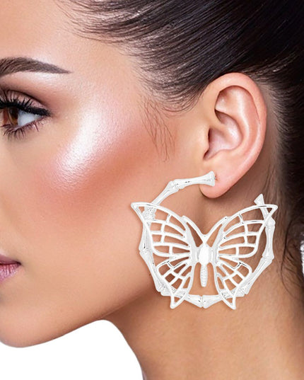 Hoop Dimensional Butterfly Silver Bamboo Earrings