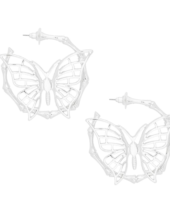 Hoop Dimensional Butterfly Silver Bamboo Earrings