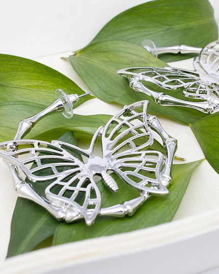 Hoop Dimensional Butterfly Silver Bamboo Earrings