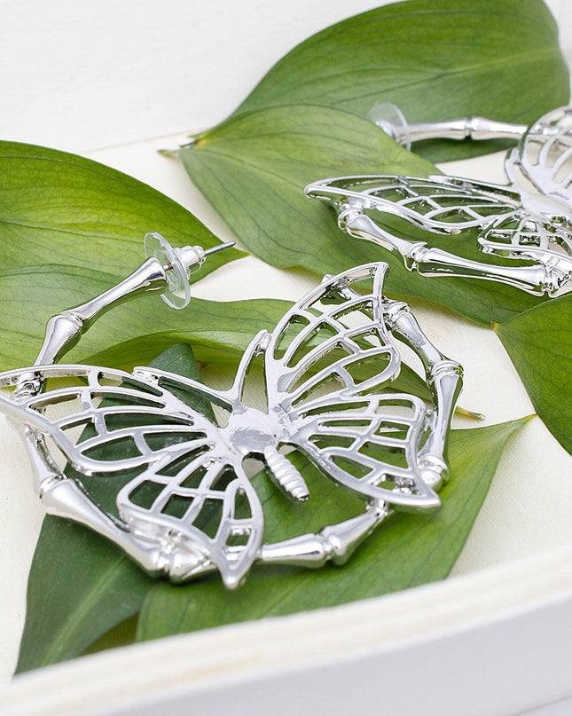Hoop Dimensional Butterfly Silver Bamboo Earrings