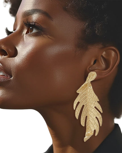 Stud Elongated Gold Twisted Leaf Organic Earrings