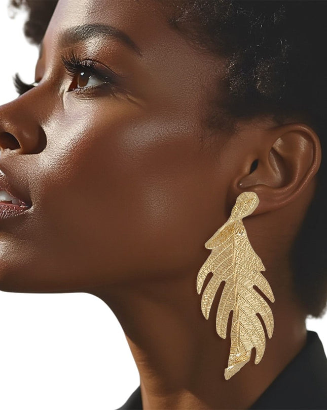 Stud Elongated Gold Twisted Leaf Organic Earrings