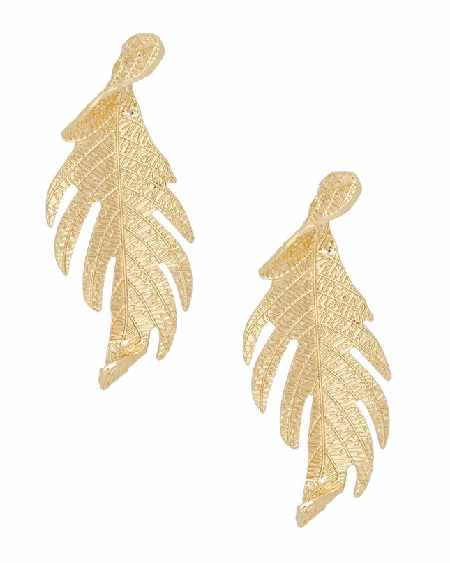 Stud Elongated Gold Twisted Leaf Organic Earrings