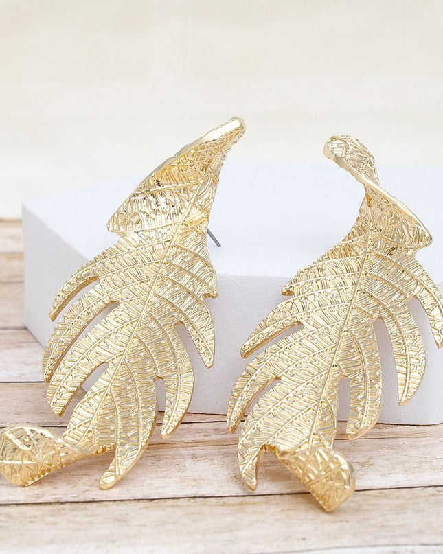 Stud Elongated Gold Twisted Leaf Organic Earrings
