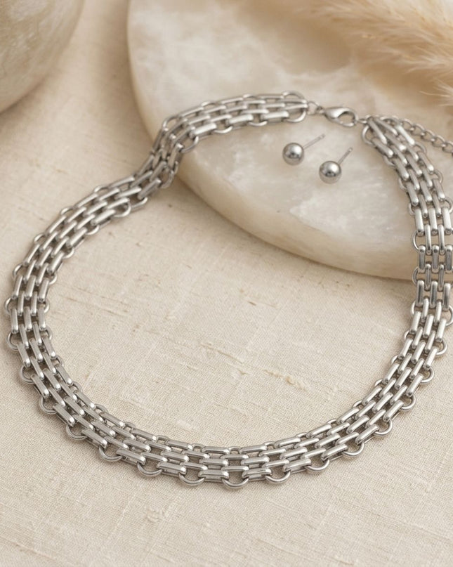 Silver Panther Link Style Chain Necklace Set