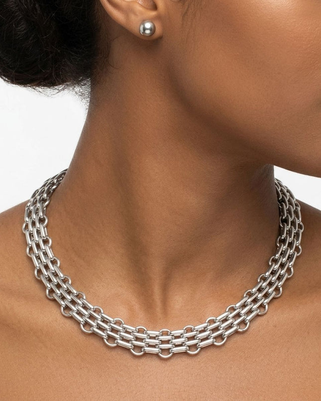 Silver Panther Link Style Chain Necklace Set