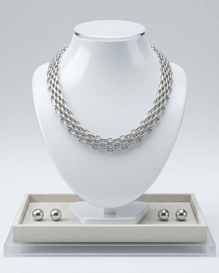 Silver Panther Link Style Chain Necklace Set
