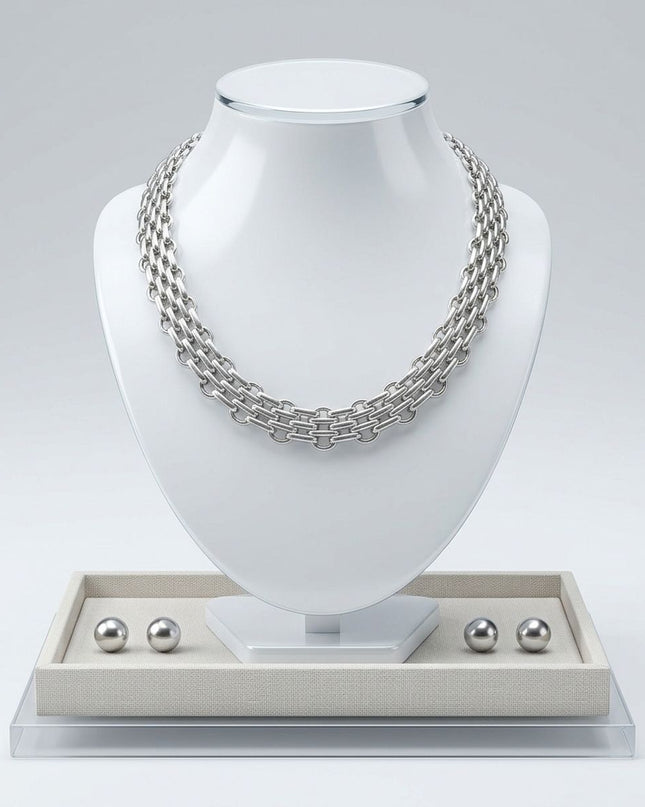 Silver Panther Link Style Chain Necklace Set