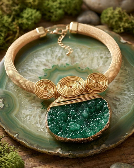 Green Druzy Stone Pendant Gold Collar Necklace