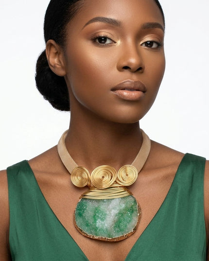 Green Druzy Stone Pendant Gold Collar Necklace