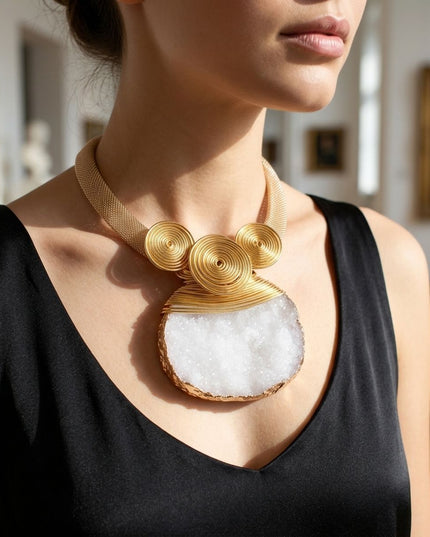 White Druzy Stone Pendant Gold Collar Necklace