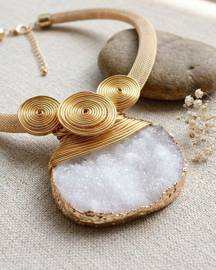 White Druzy Stone Pendant Gold Collar Necklace