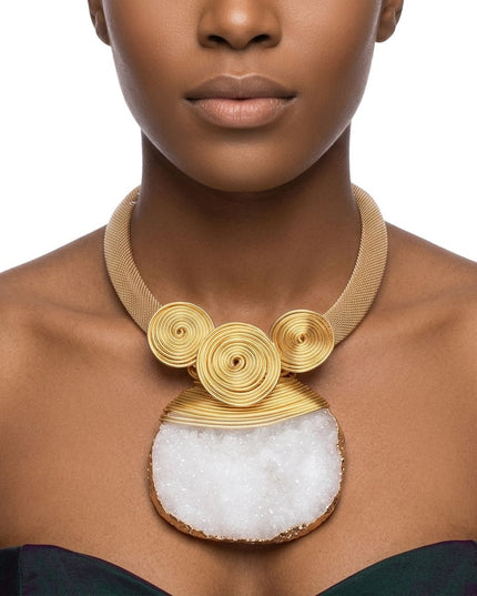 White Druzy Stone Pendant Gold Collar Necklace