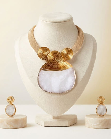 White Druzy Stone Pendant Gold Collar Necklace