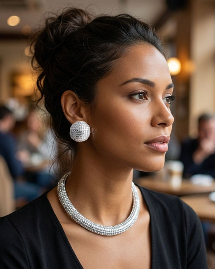 Silver Clear Stone 6 Row Disco Ball Collar Necklace
